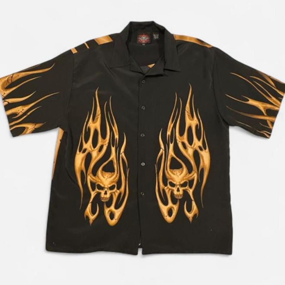Dragonfly roadhouse skull flame button up